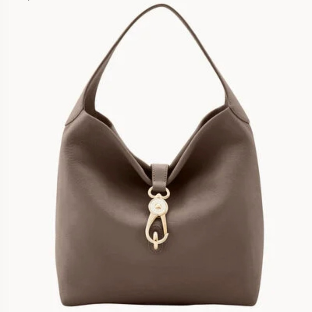 Dooney & Bourke Belvedere Logo Lock Leather Taupe Gray Shoulder Bag